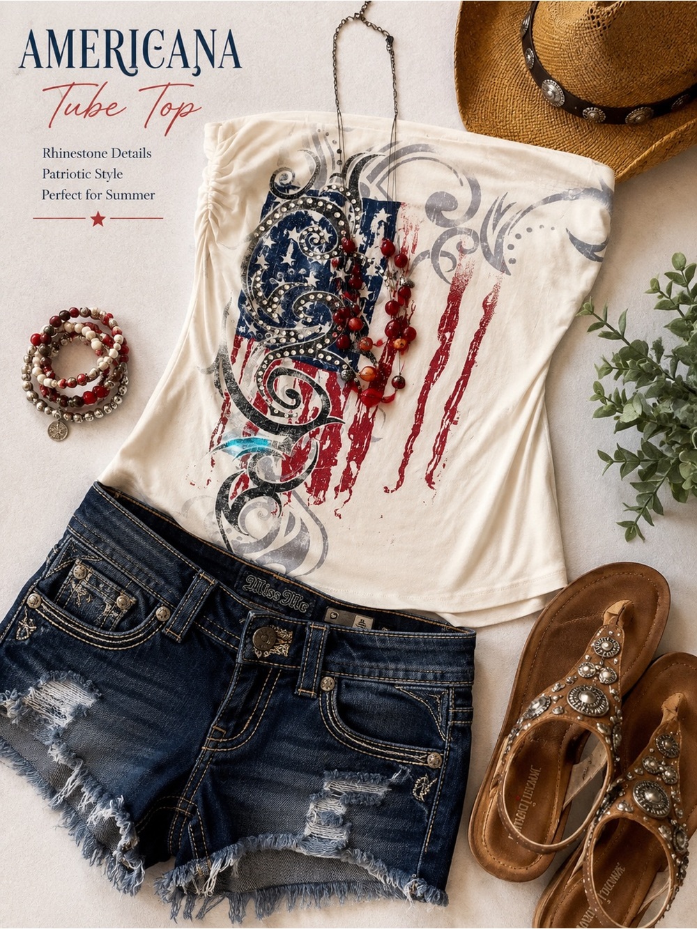 Americana Rhinestone Tube Top + Matching Red Beaded Necklace Set